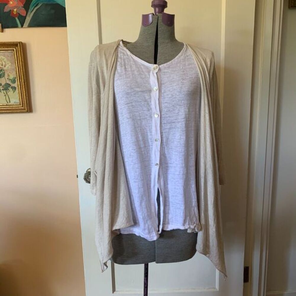 Focus Casual Life 100% Linen Knit Cardigan Beige Drape Front Made in USA Large